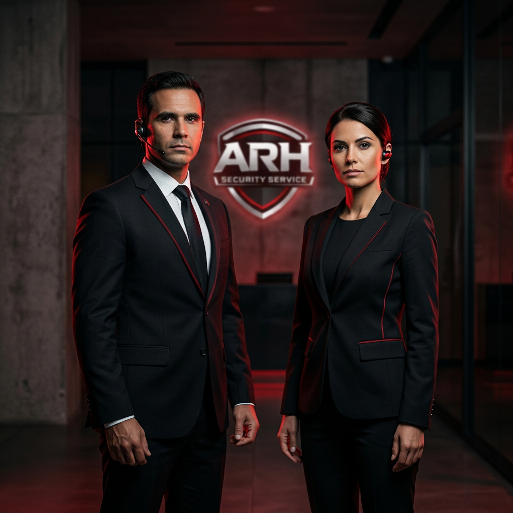 Professioneel ARH Security Services team — beveiliger en beveiligster met het ARH logo